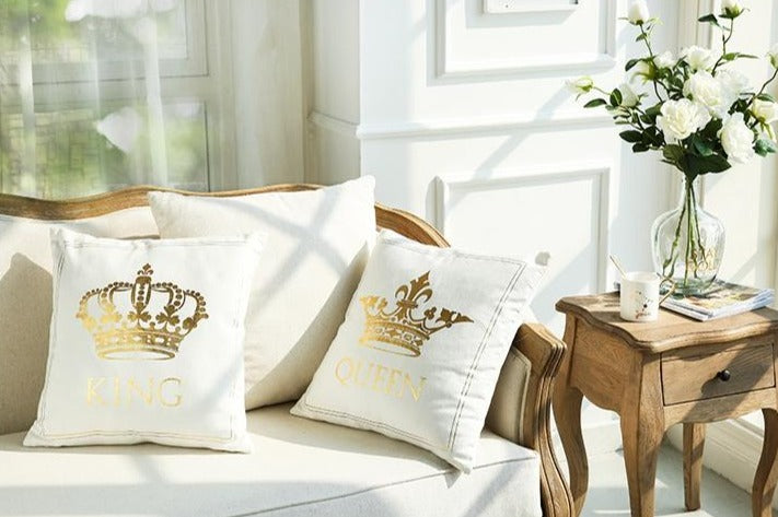 Vista de Cojín King lino blanco con estampado dorado