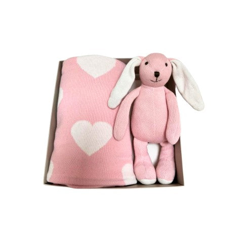 Pack manta rosada con corazones blancos y peluche de coneja rosada