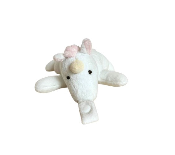 Vista de Sujetador de chupete en forma de unicornio blanco plush